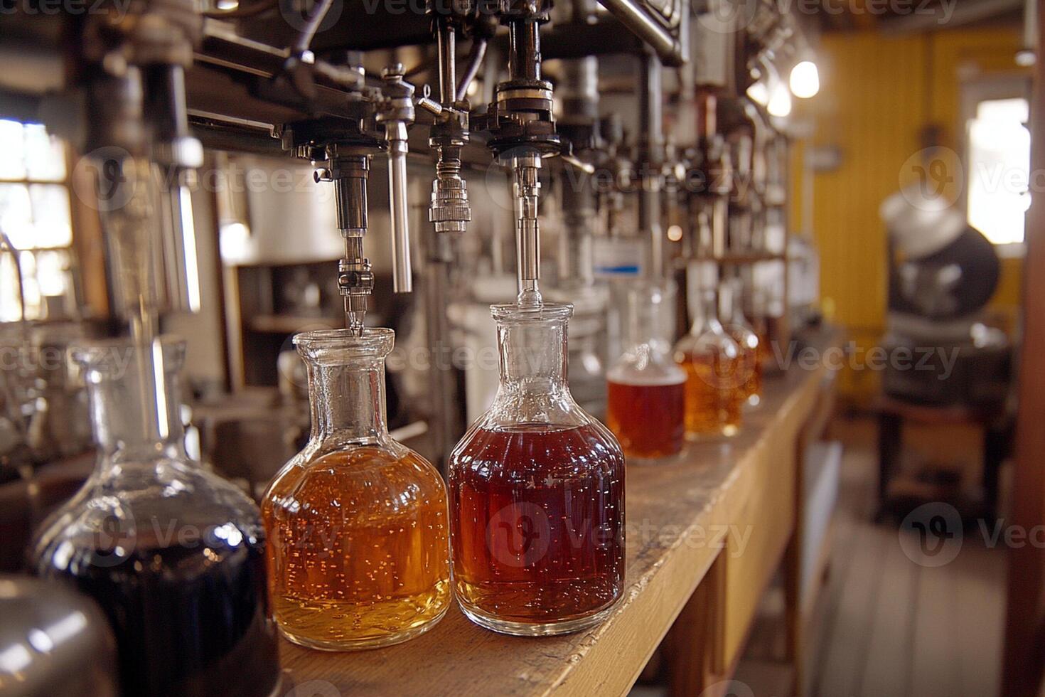 A row of bottles filled with different liquids photo