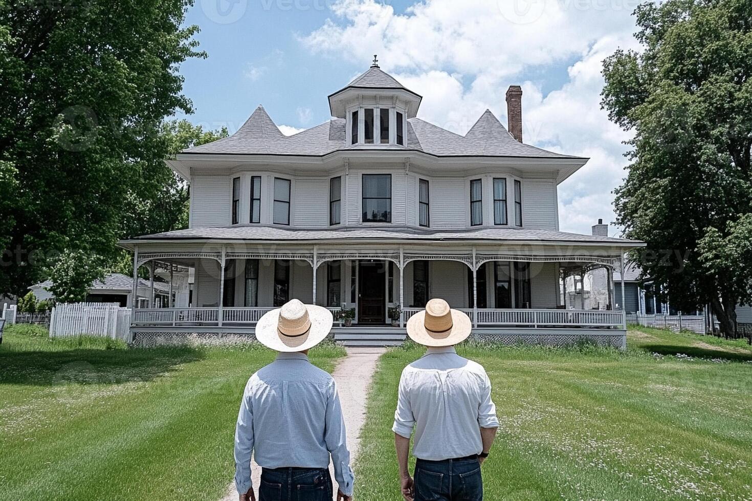 Two men wearing cowboy hats standing in front of a large house photo