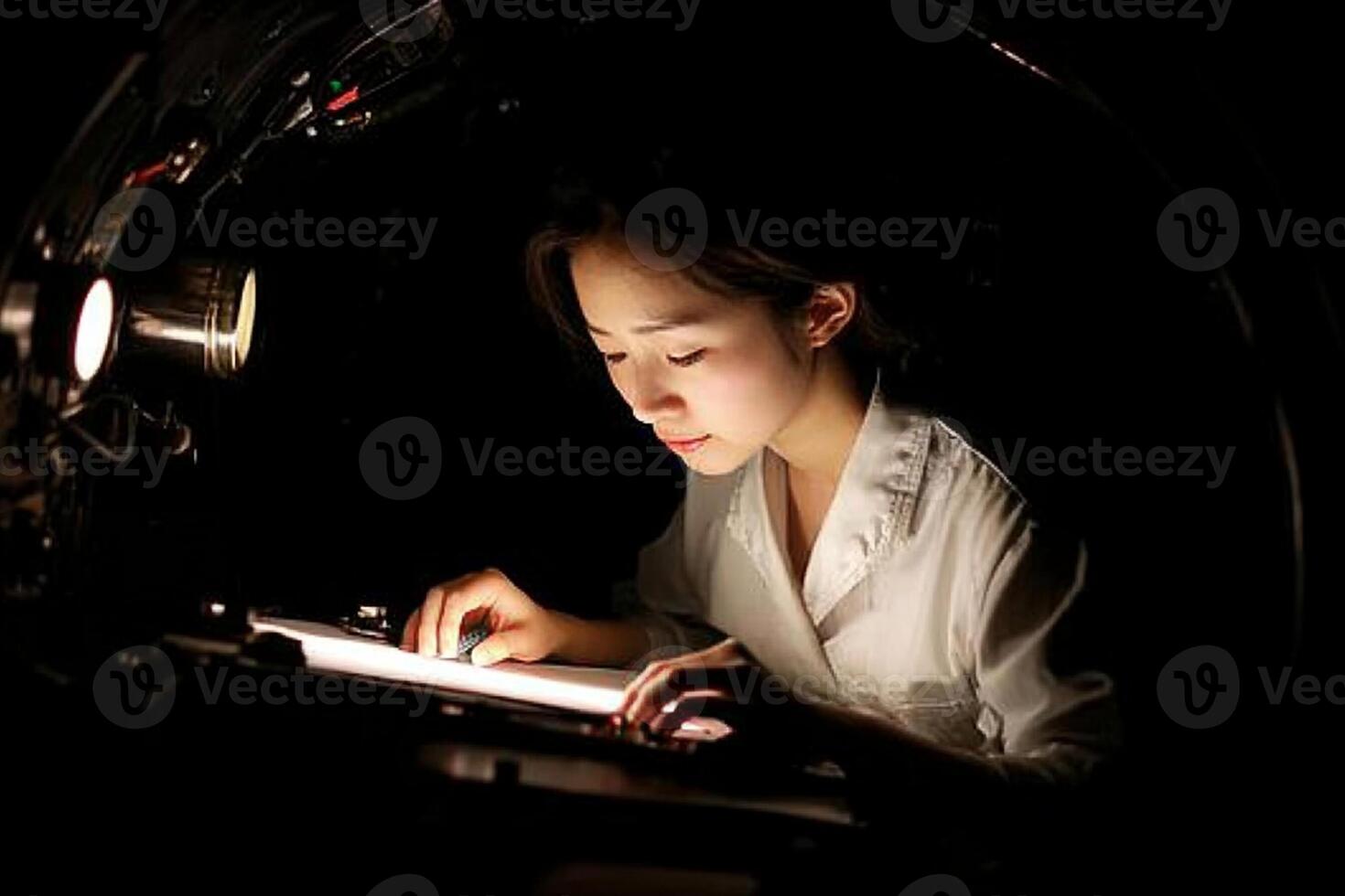 A woman is working on a computer in the dark photo