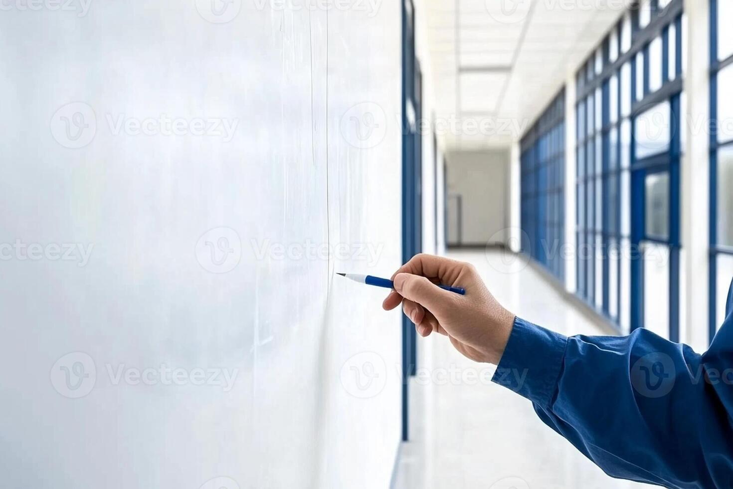 A person in blue shirt writing on a whiteboard photo