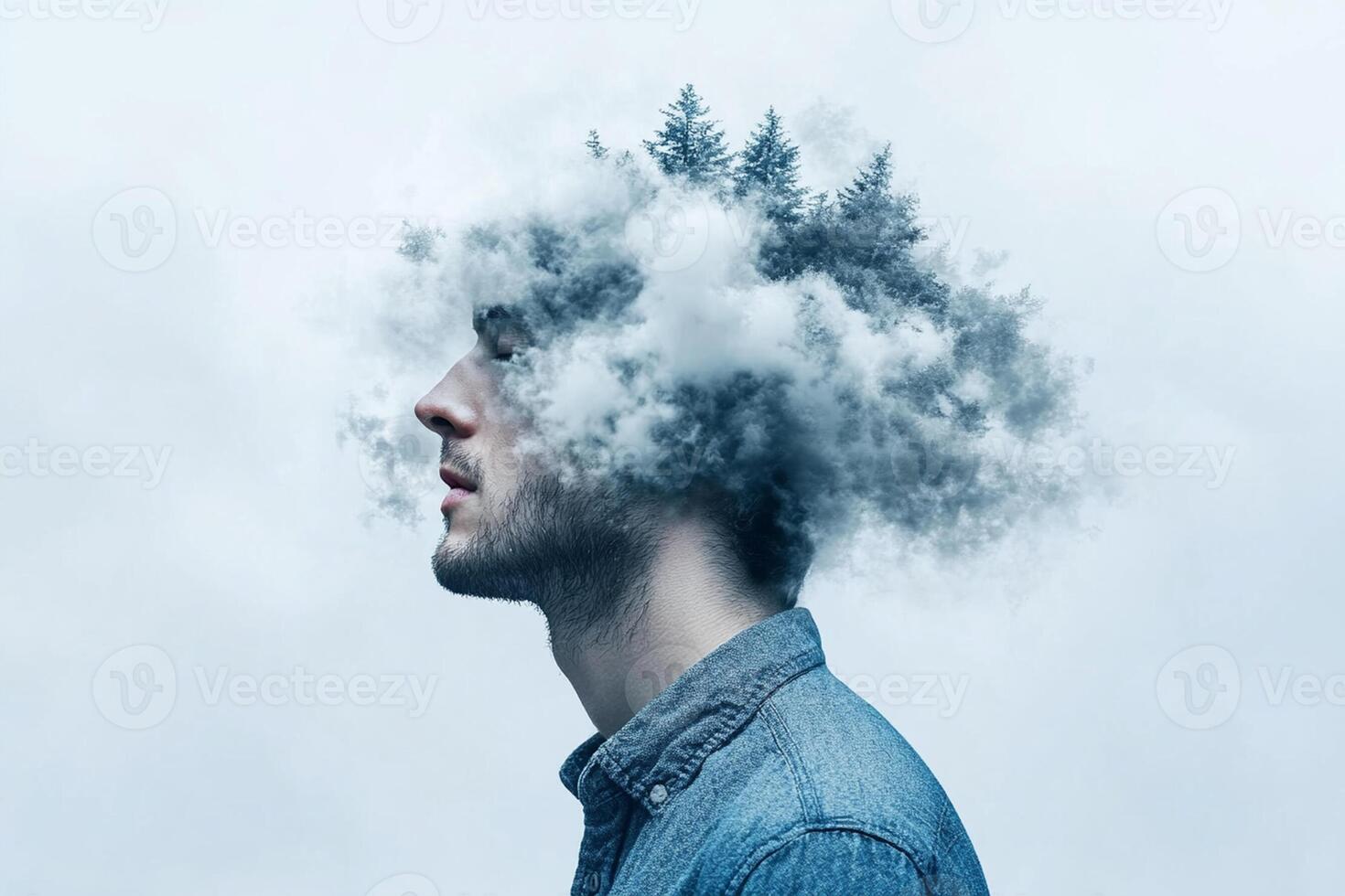 A man with a clouded head and trees in his head photo