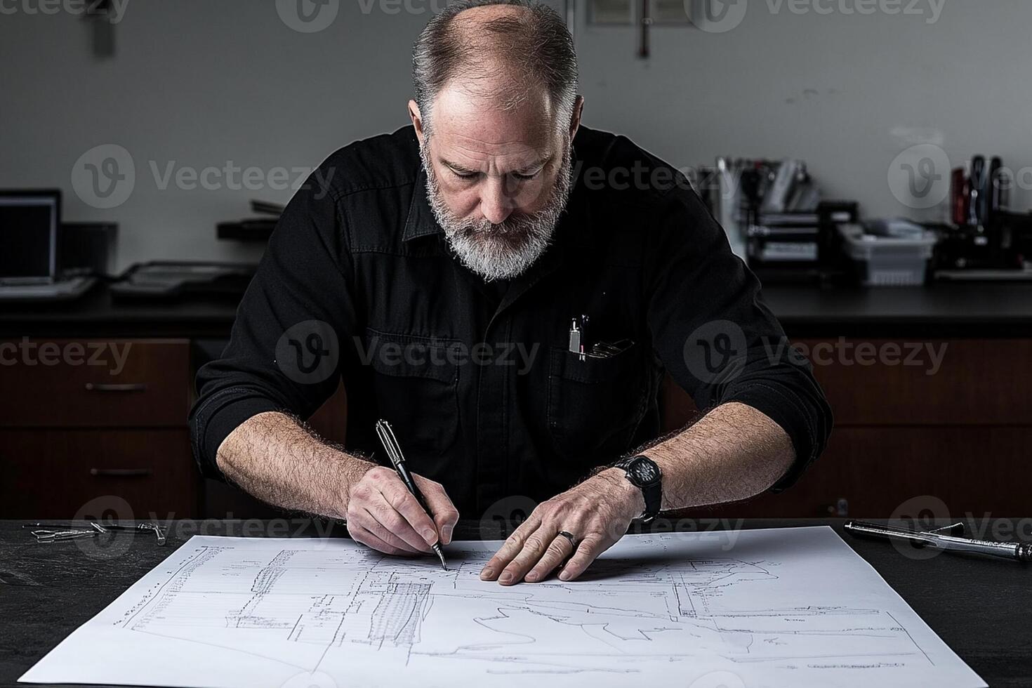 A man with a beard and glasses is working on a blueprint photo