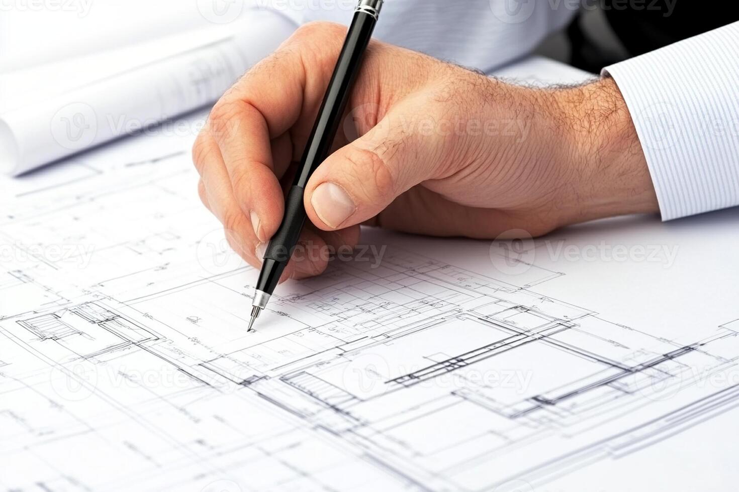 A person is holding a pen and writing on a blueprint photo