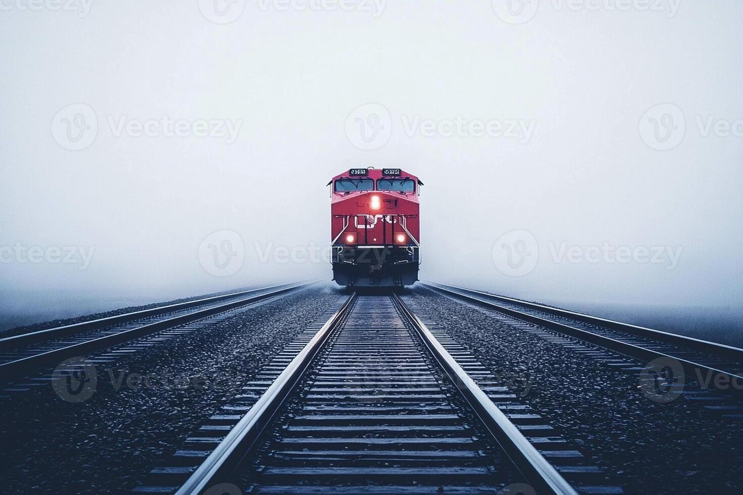 A red train is traveling down the tracks in the fog photo
