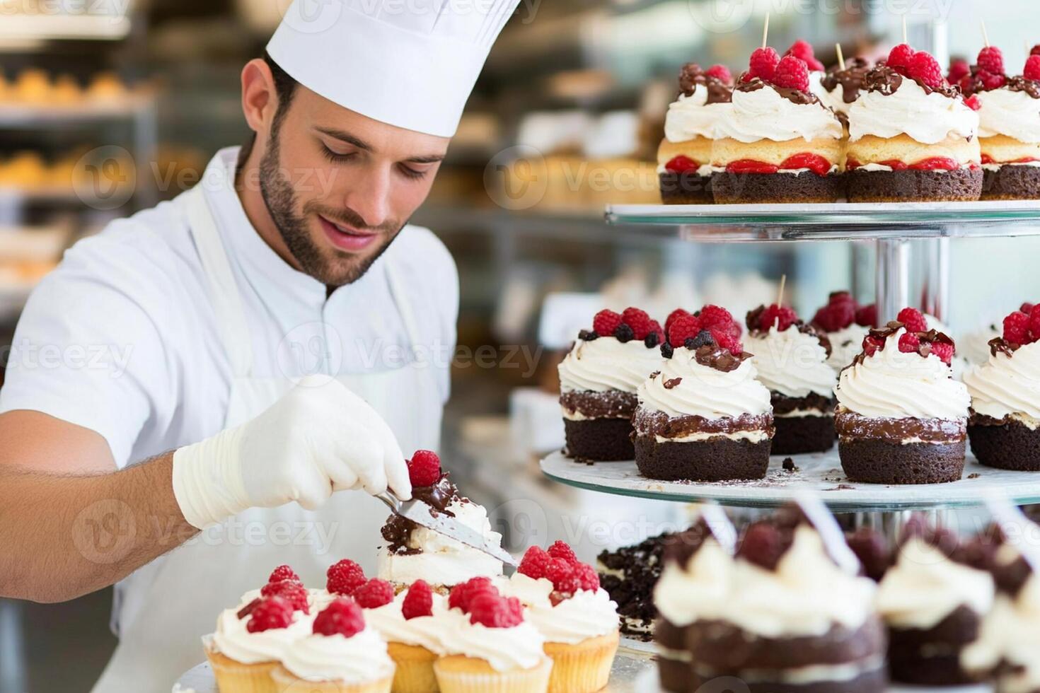 A man in a chef hat is cutting a cake photo