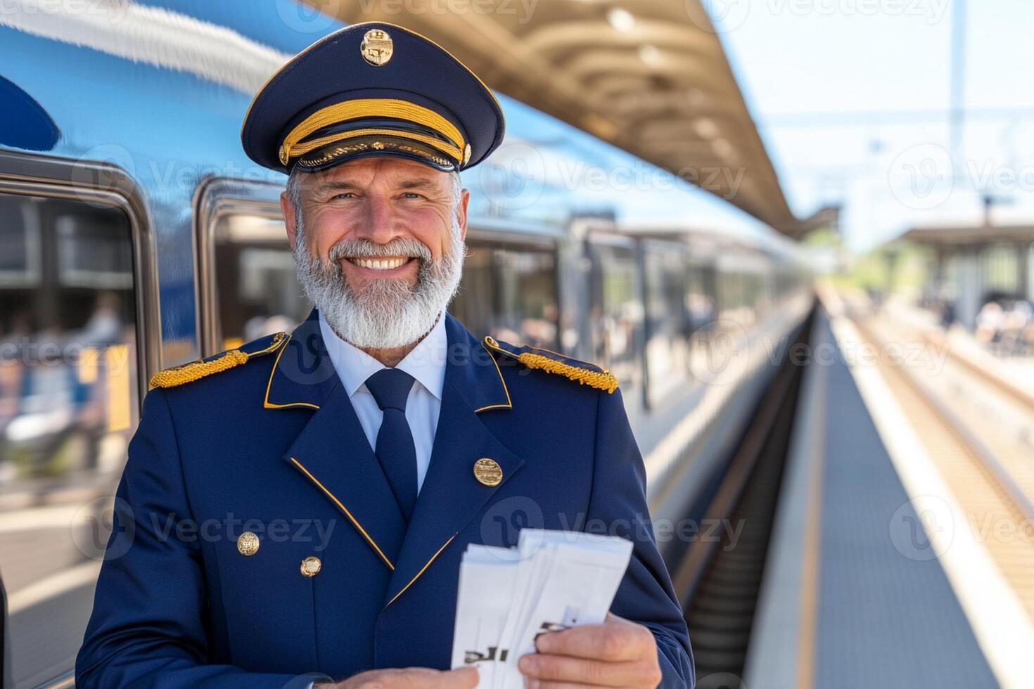 A man in a uniform holding a ticket photo