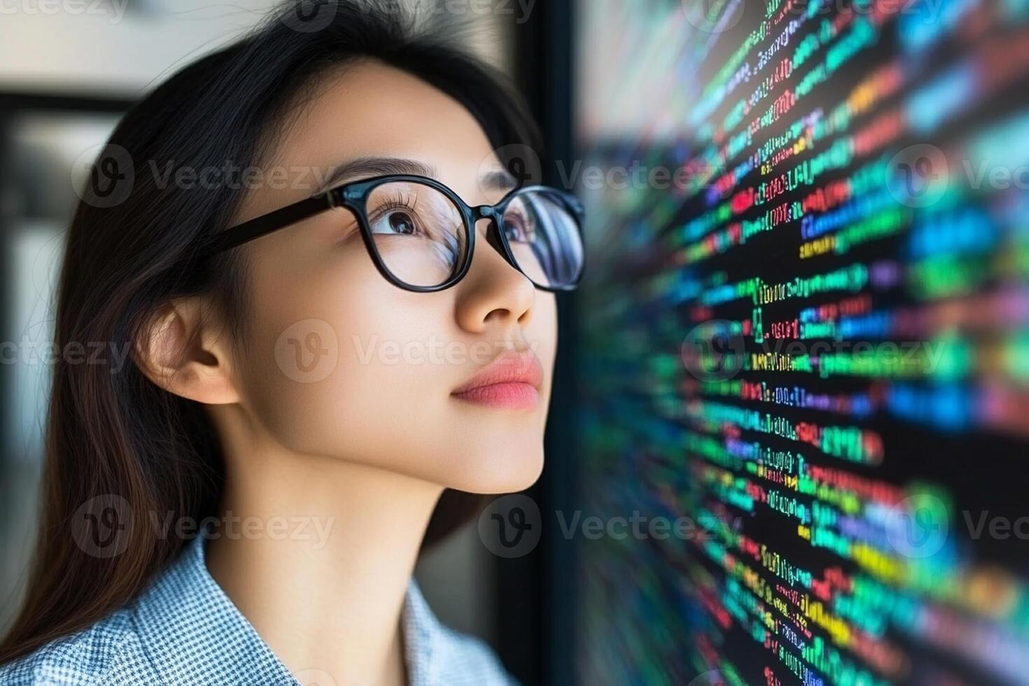 A woman in glasses looking at a computer screen with code photo