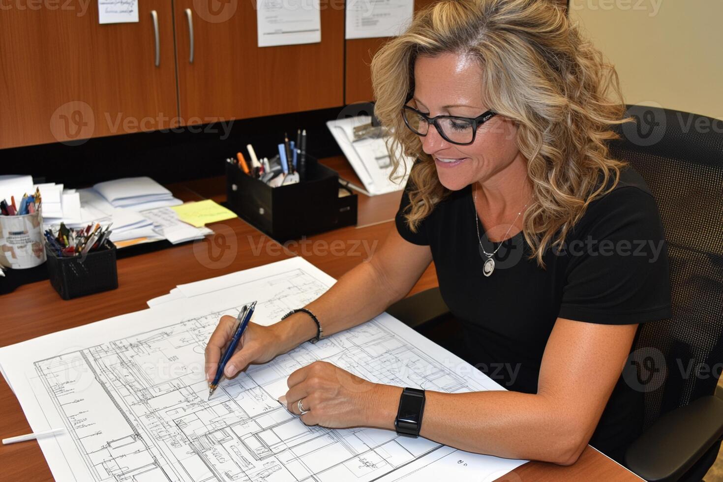 A woman in glasses is working on a blueprint photo