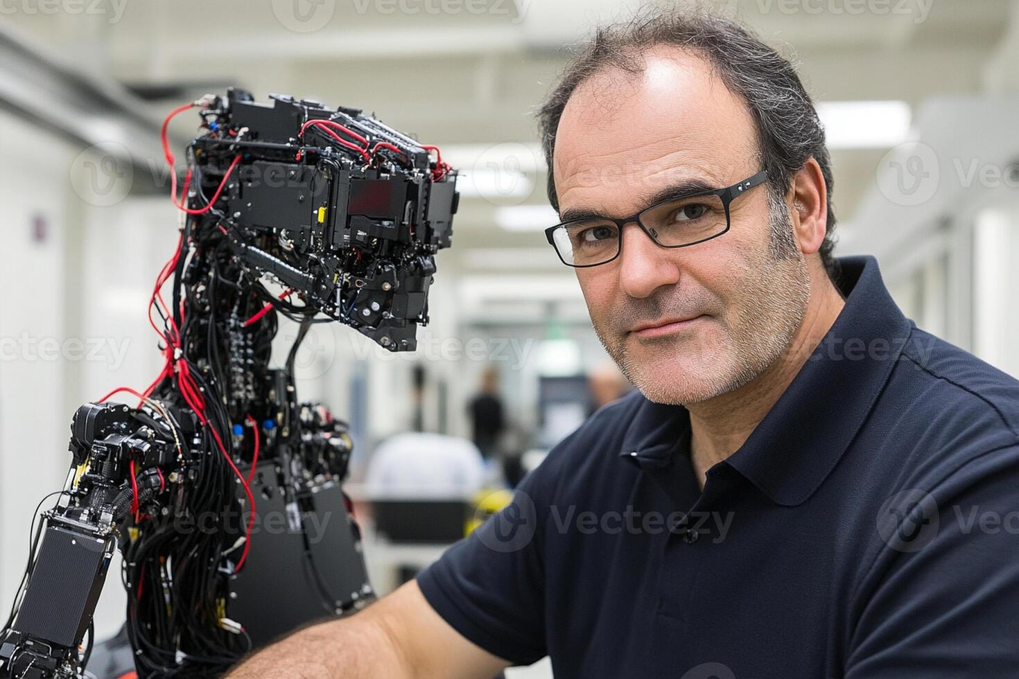 A man in glasses and a black shirt is posing with a robot photo