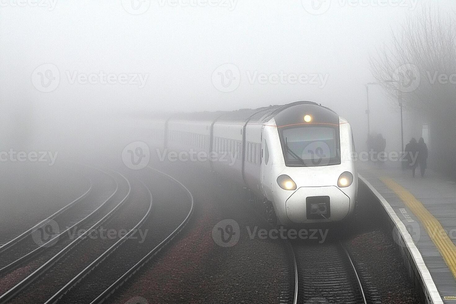 A train is moving through the fog on the tracks photo