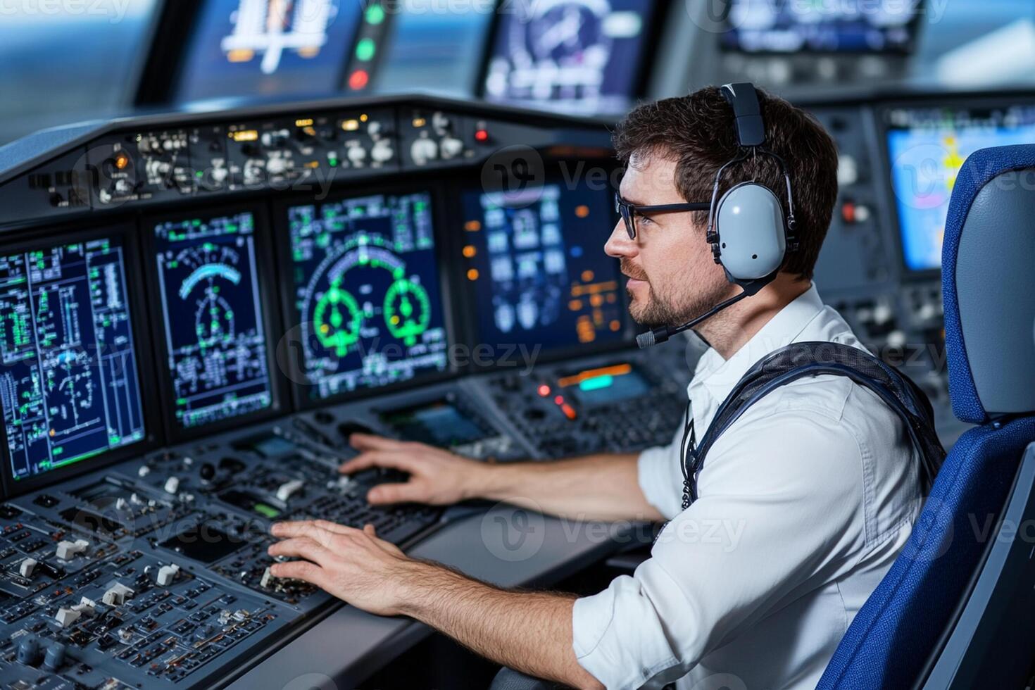 A man in a pilot's uniform is sitting at a computer photo