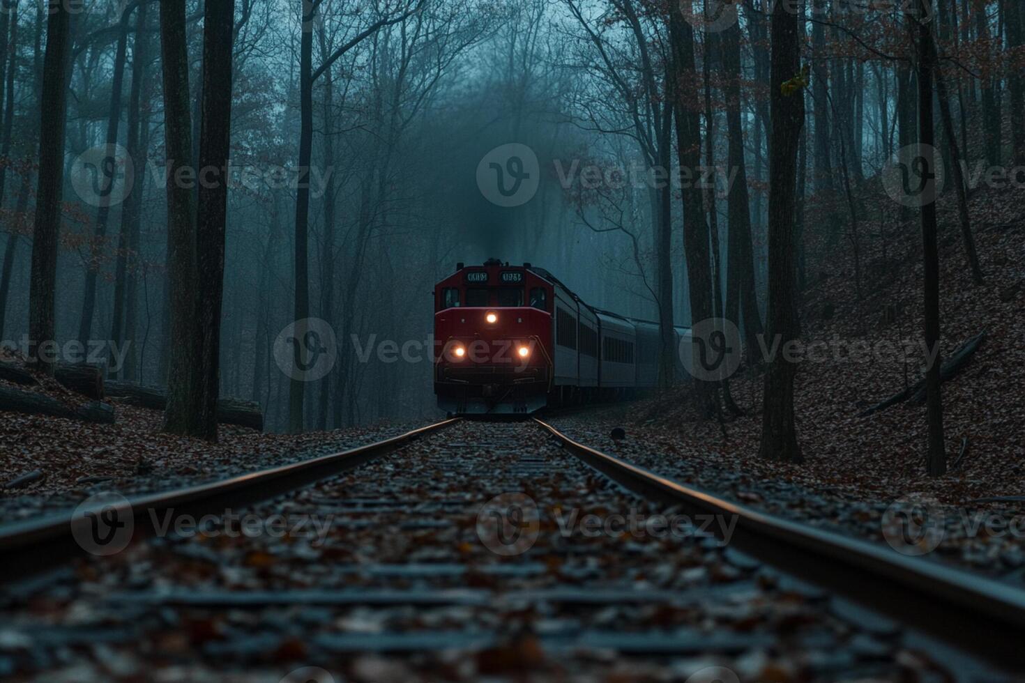 A train traveling through the woods on a foggy day photo