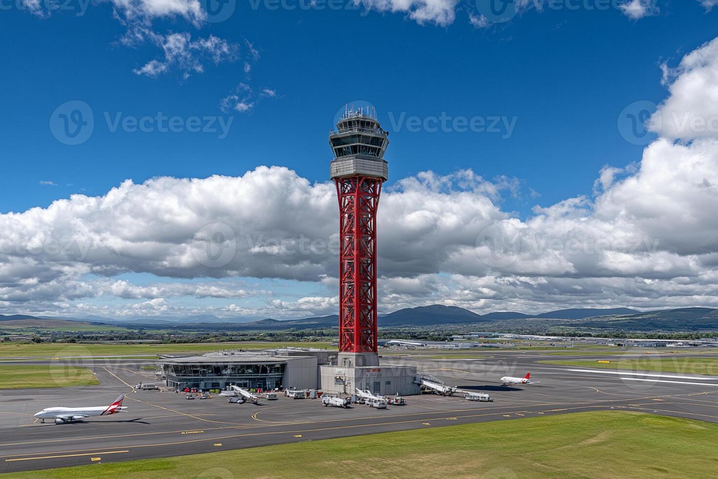 A large airport with a tower and planes photo