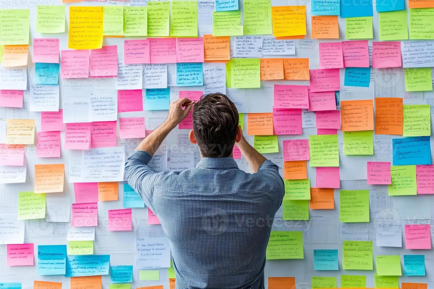 A man is looking at a wall covered in post it notes photo