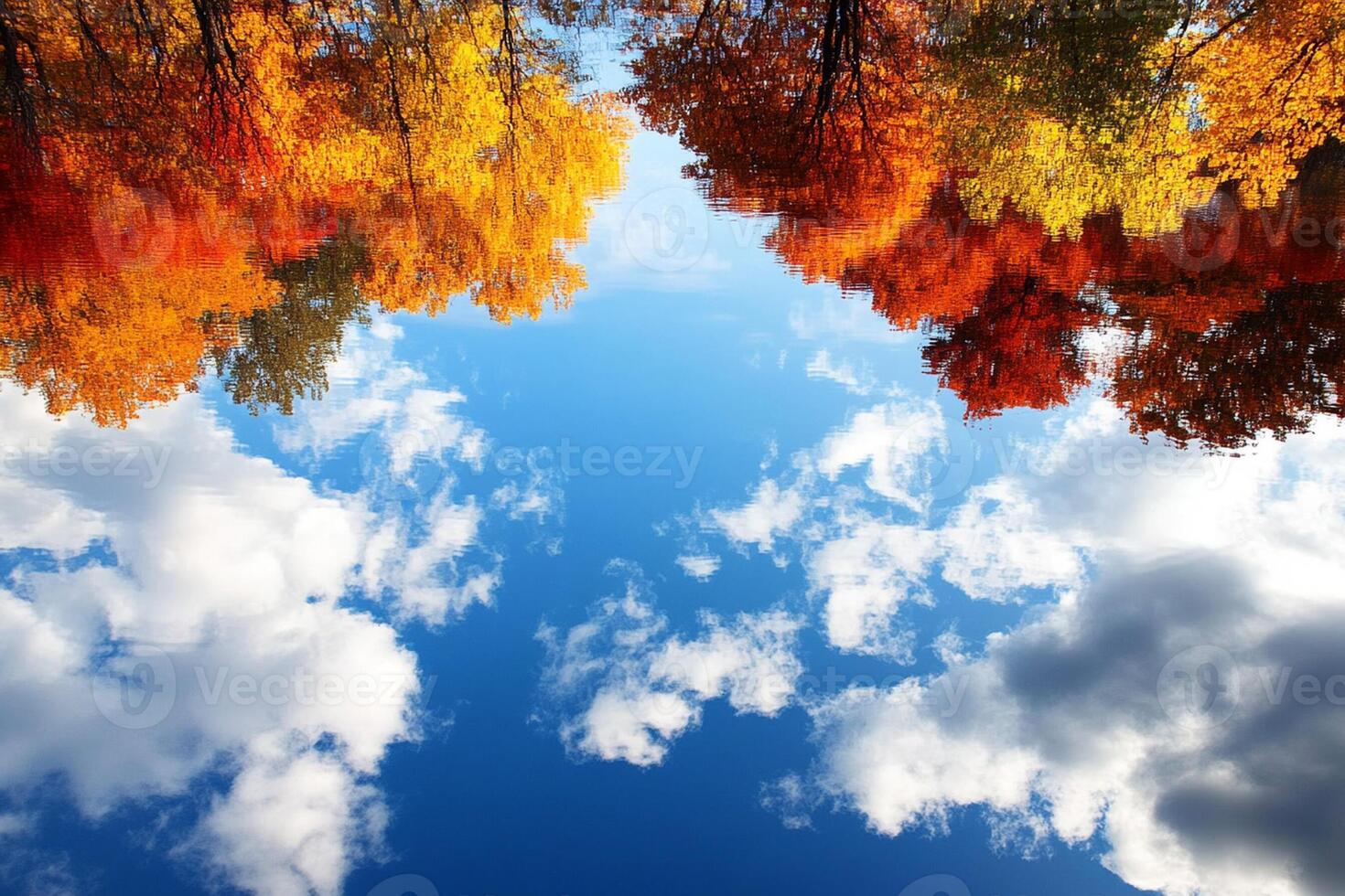 Autumn trees and clouds reflected in a blue sky photo