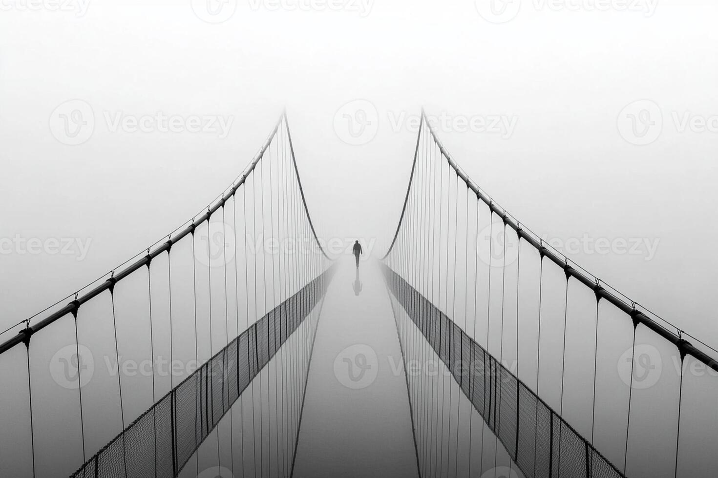 A person walking across a bridge in the fog photo