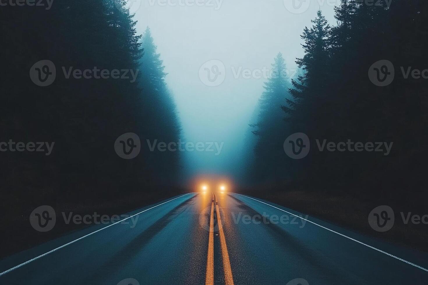 A road in the middle of a forest with fog photo