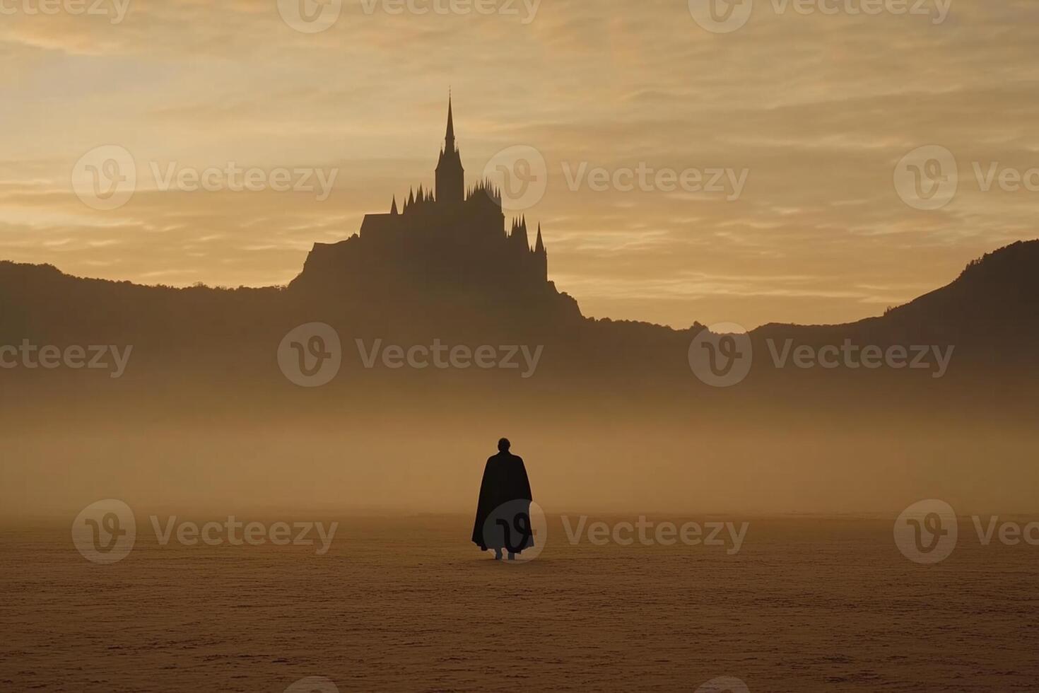 A man in a black cloak stands in front of a castle photo