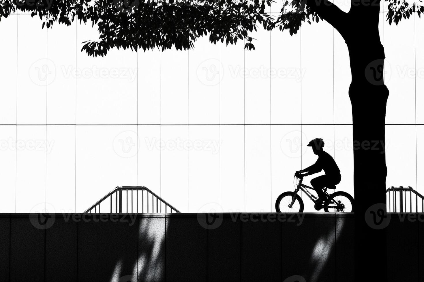 A man riding a bike in front of a building photo