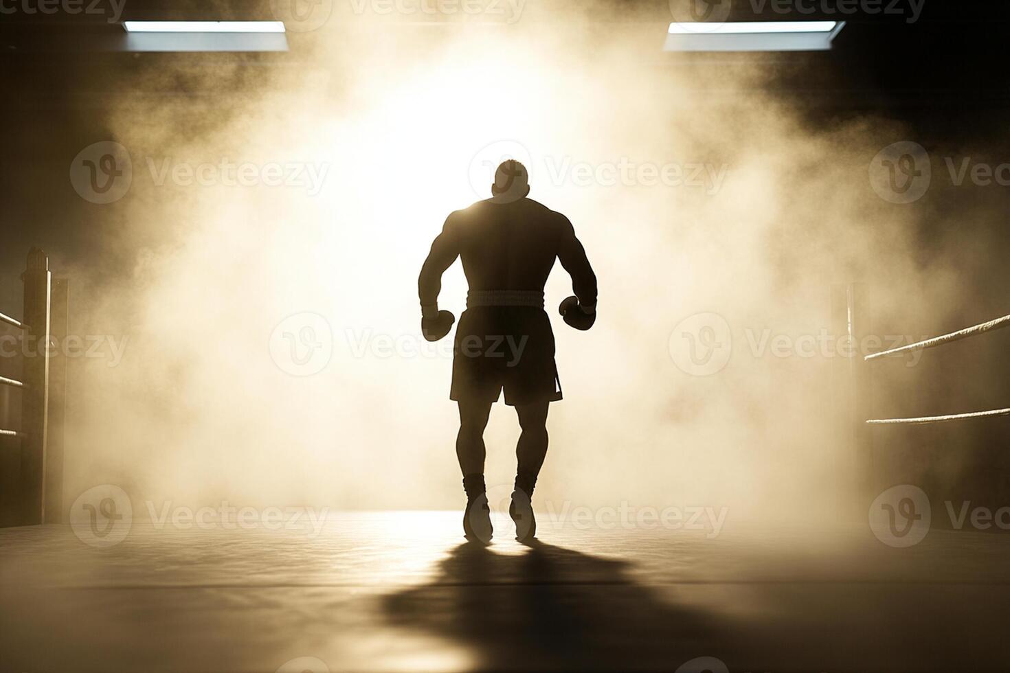 A silhouette of a man in boxing gear standing in the ring photo