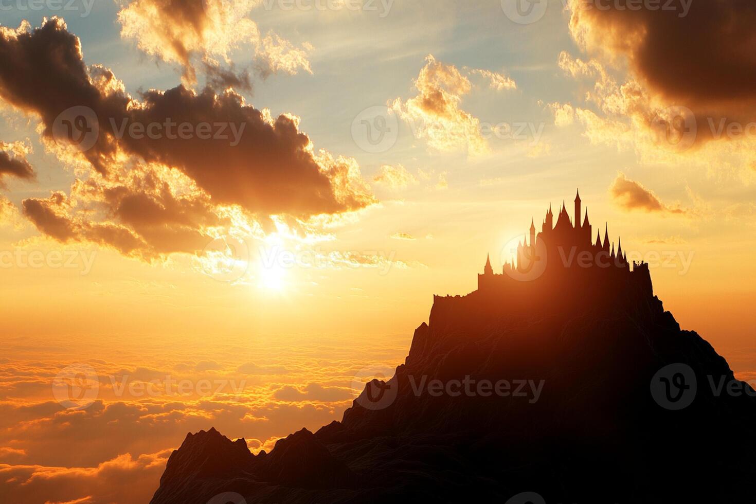 A castle is seen in the sky at sunset photo