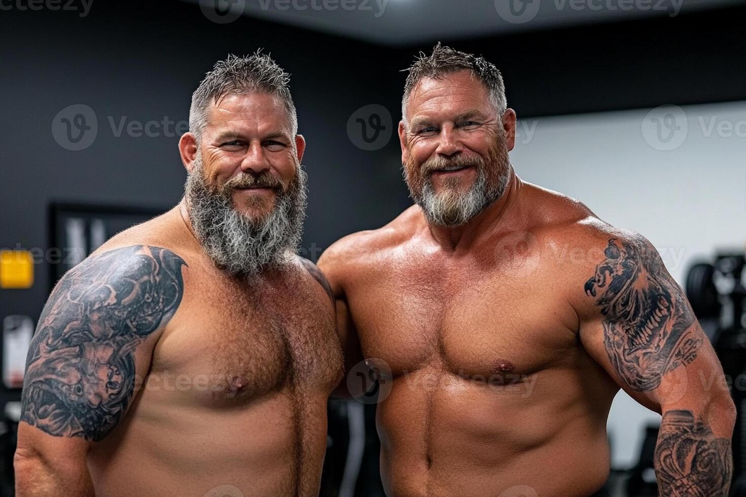 Two men with tattoos standing next to each other in a gym photo