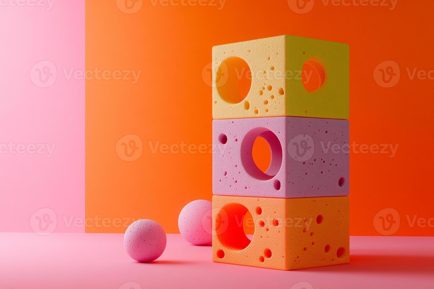 A stack of colorful blocks with holes in them photo