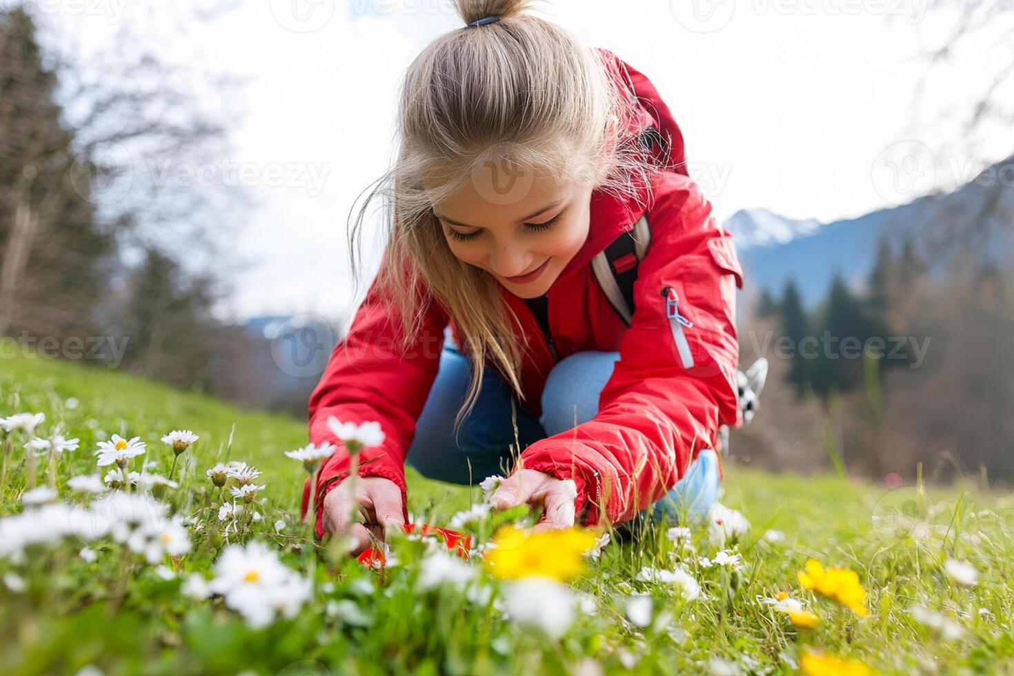 A young girl is picking flowers in a field photo