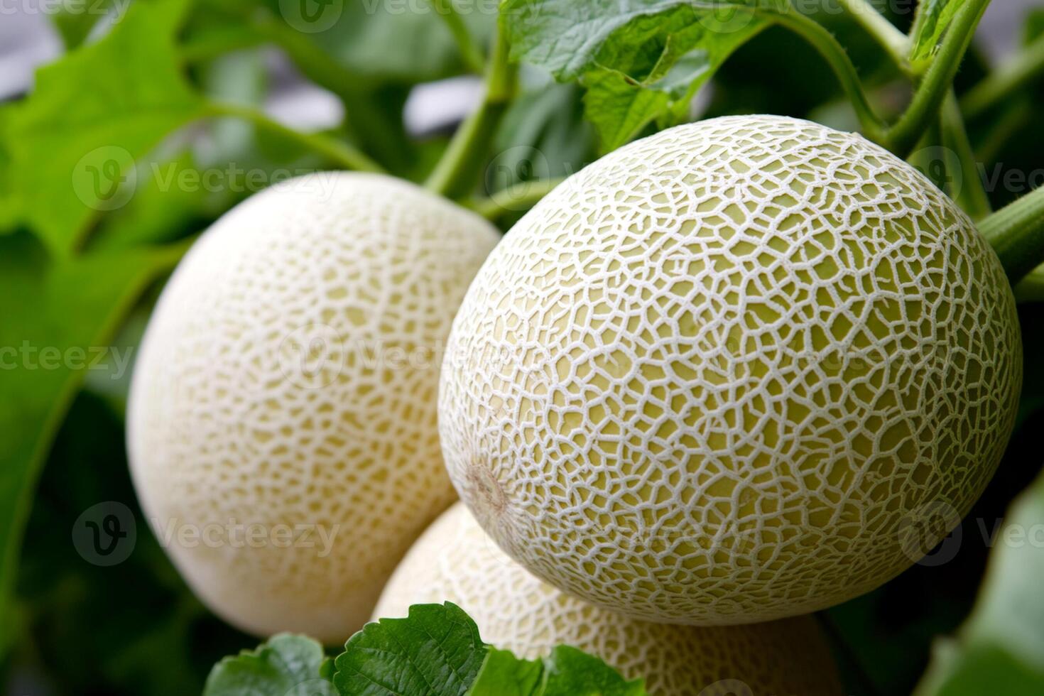 A bunch of white melons on a plant photo