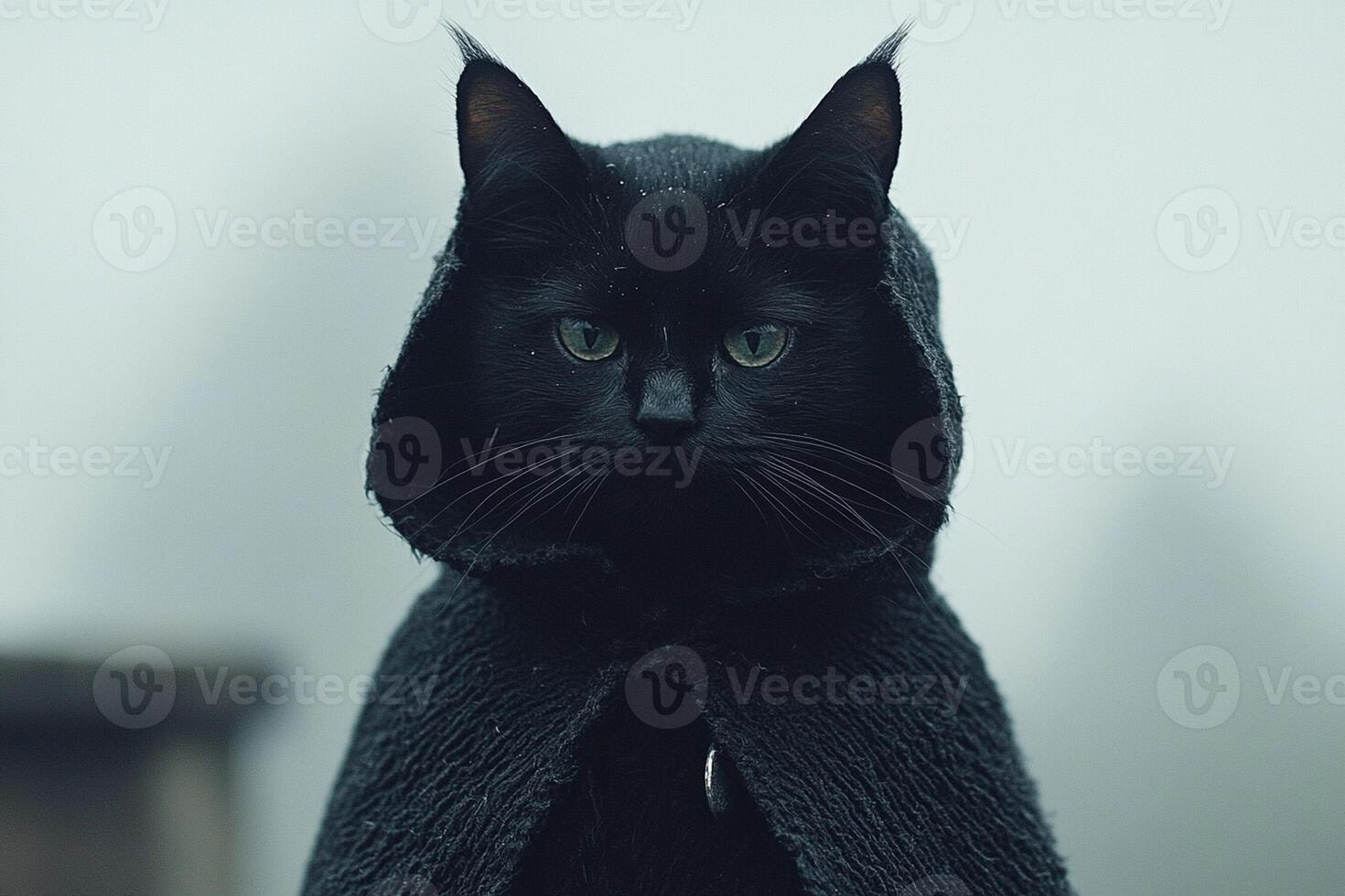 A black cat wearing a hooded cloak photo