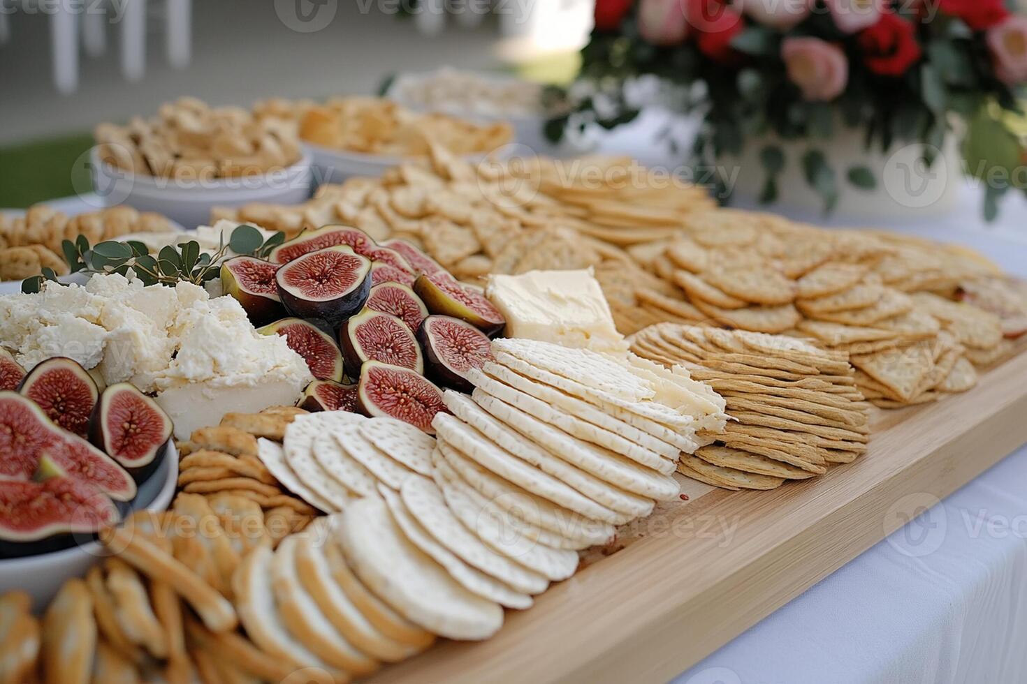 A table with various types of crackers and cheese photo
