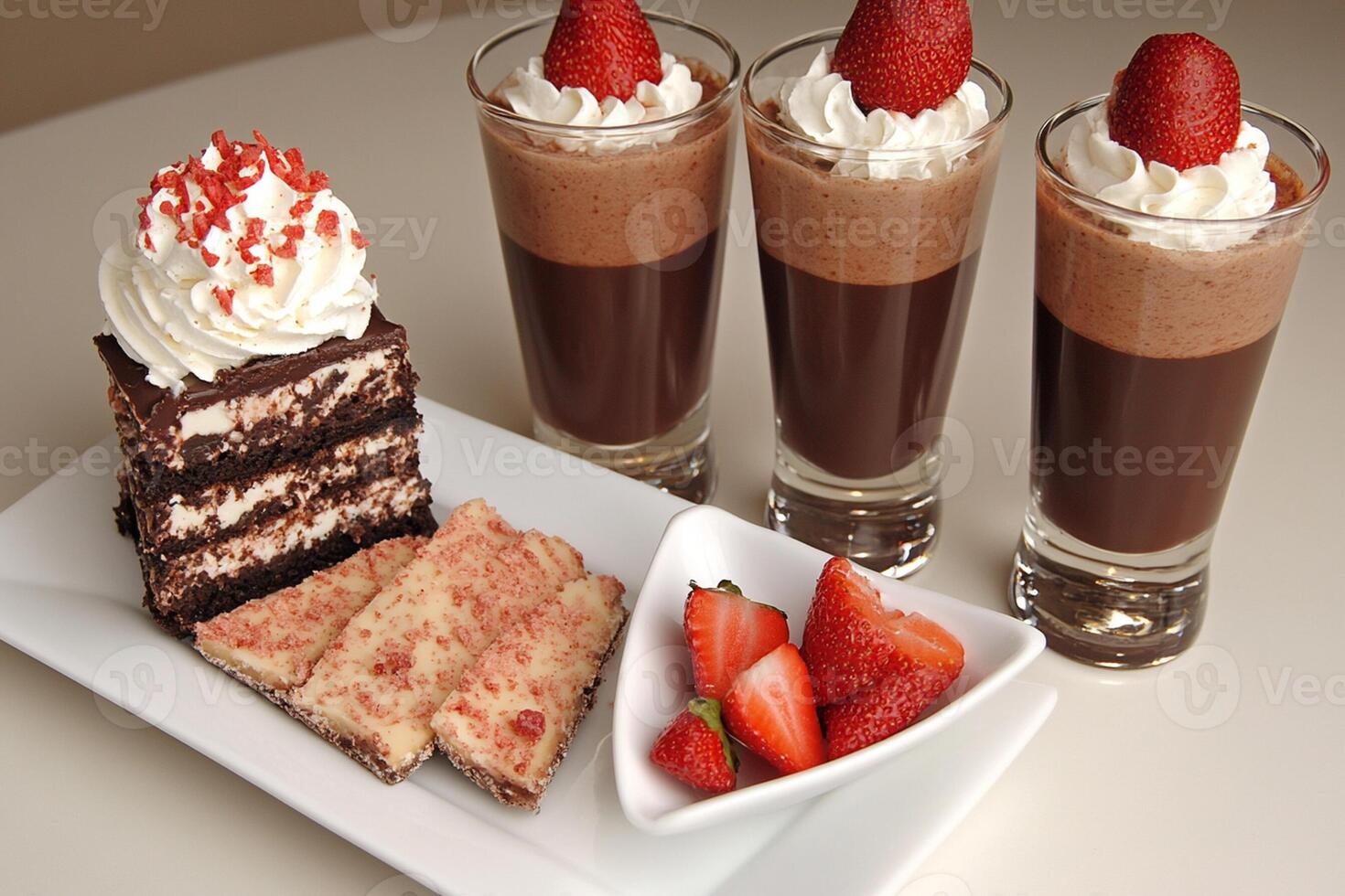 A white plate topped with chocolate cake, strawberries and whipped cream photo