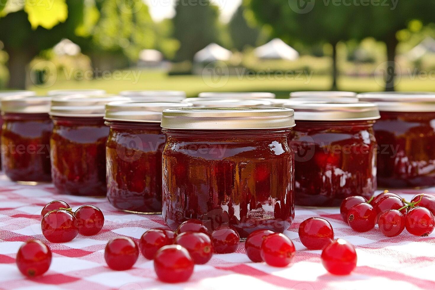 Jars of cherry jam on a table with cherries photo