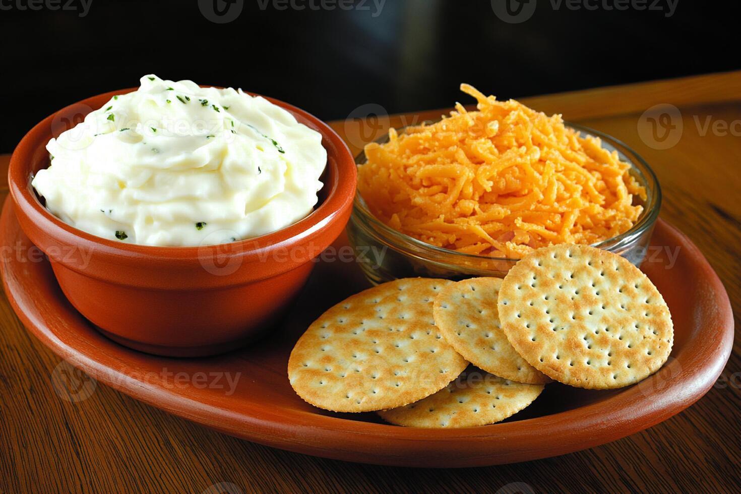 A bowl of dip and crackers on a plate photo