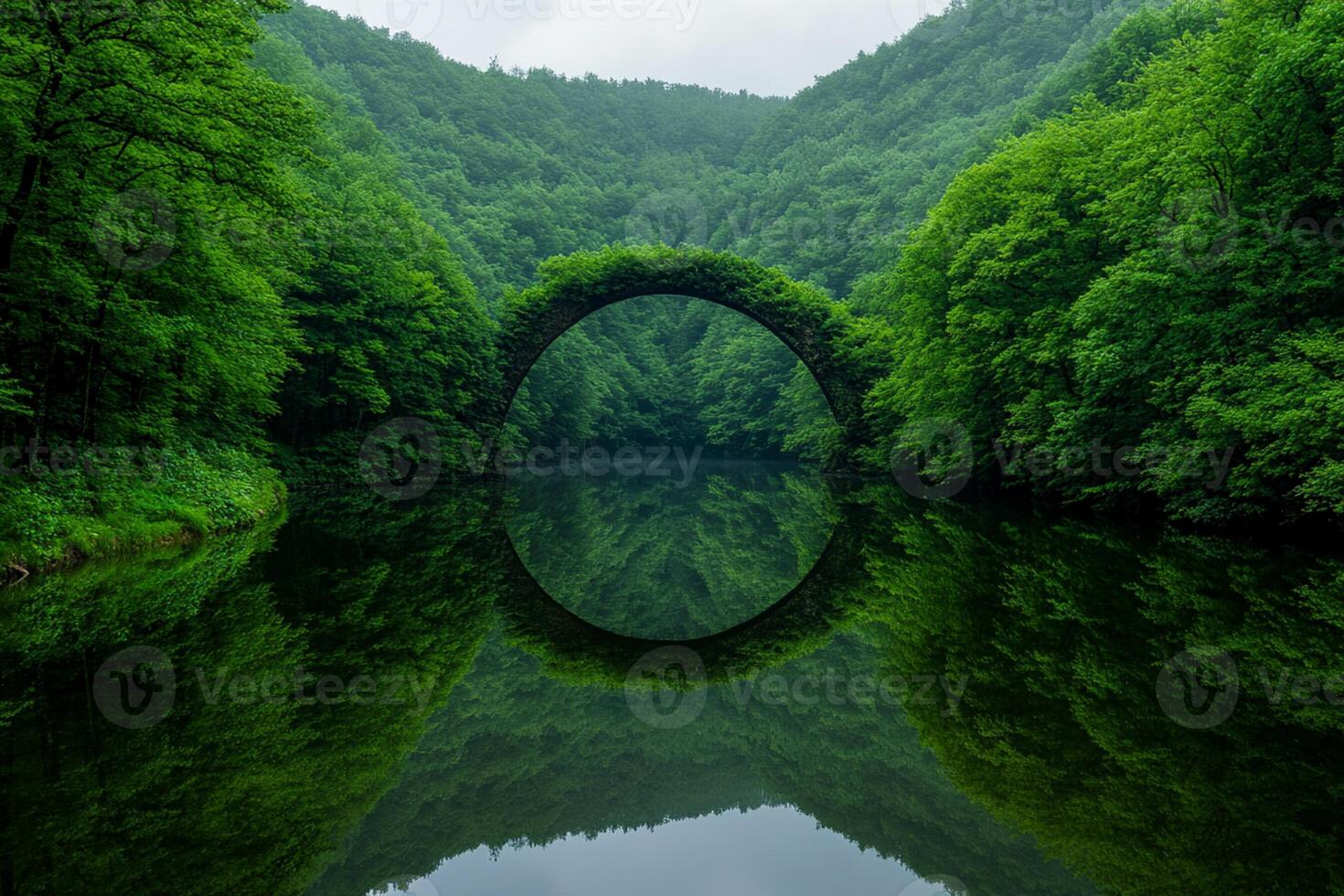 A bridge in the middle of a forest with trees reflecting in the water photo