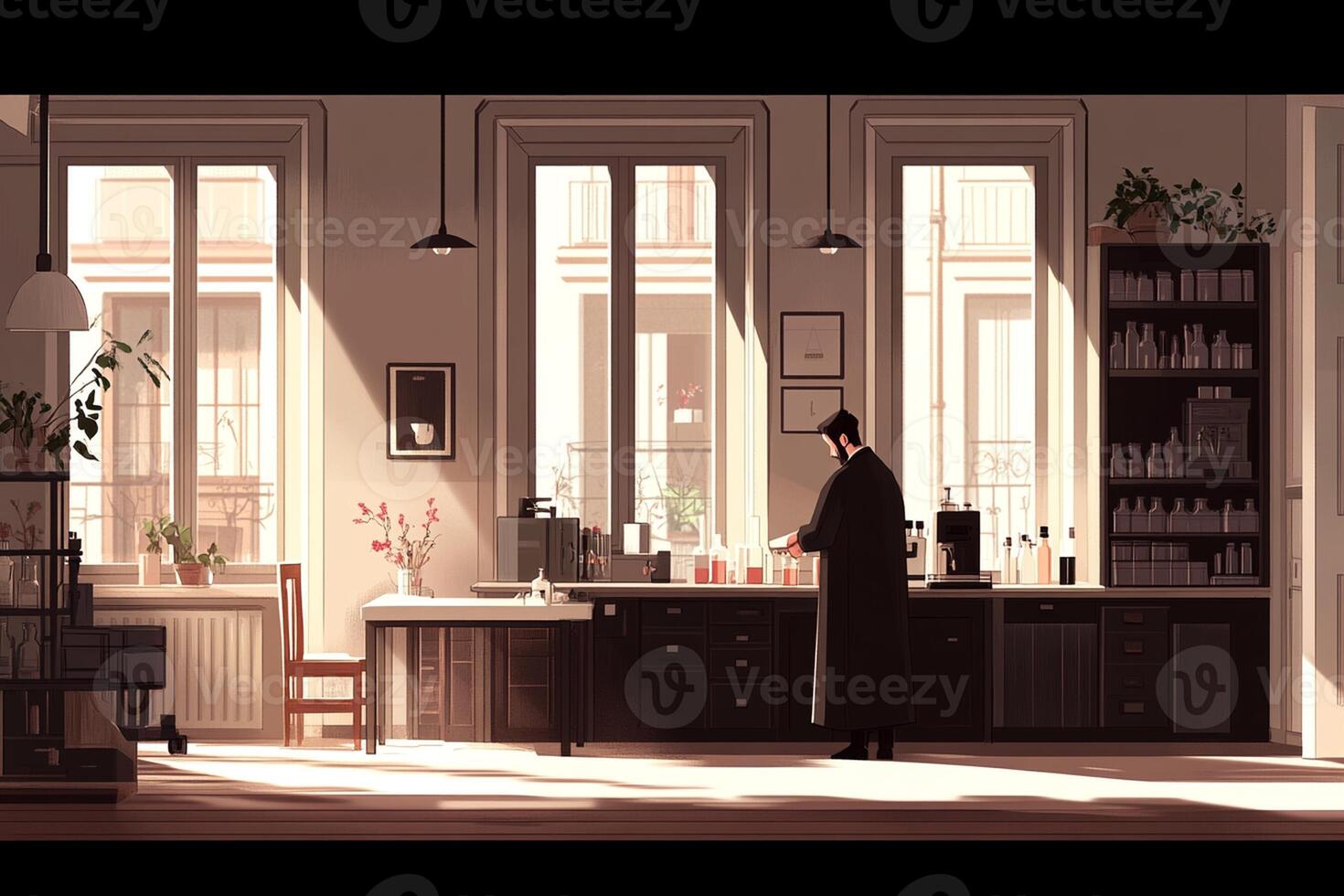 A man standing in front of a window in a room photo