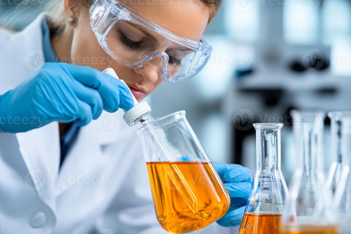 A woman in a lab coat is pouring liquid into a beaker photo