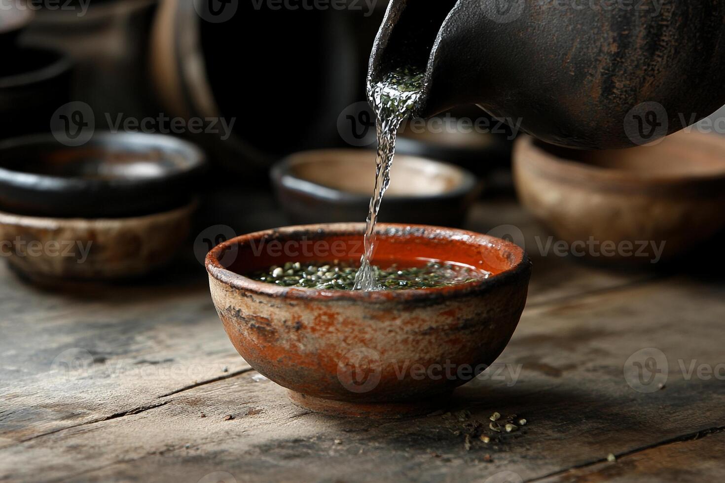 A person pouring tea into a bowl photo