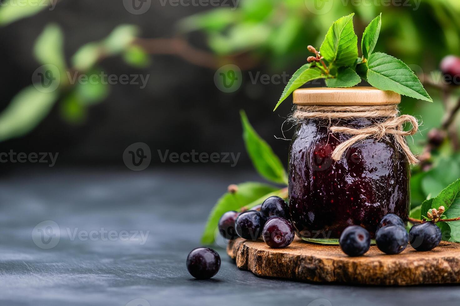 Blackberry jam in a jar on a dark background photo