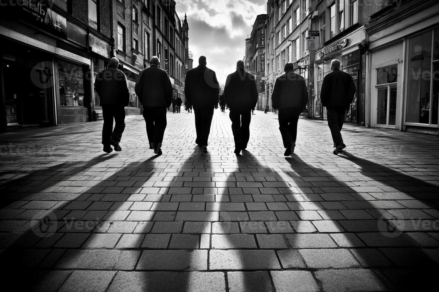 A group of men walking down a street with their shadows photo