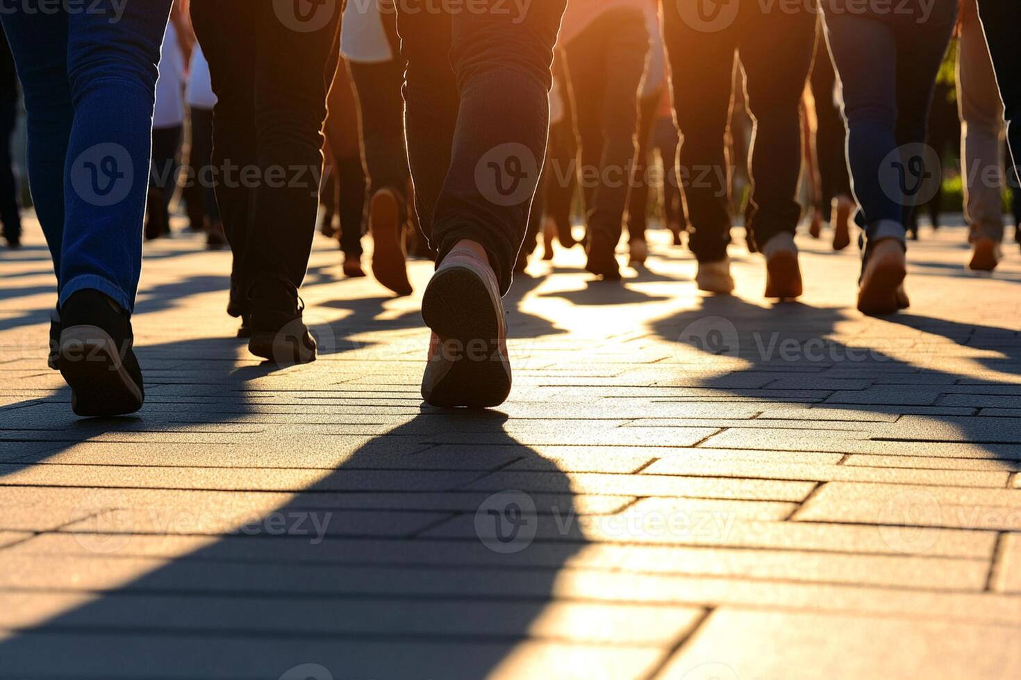 A group of people walking on a sidewalk photo