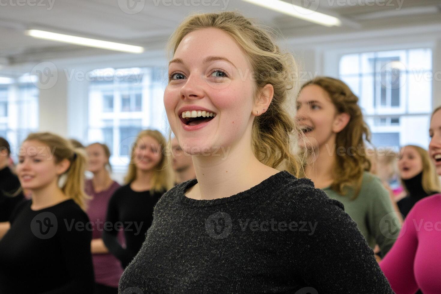 A group of women are smiling and laughing in a dance class photo