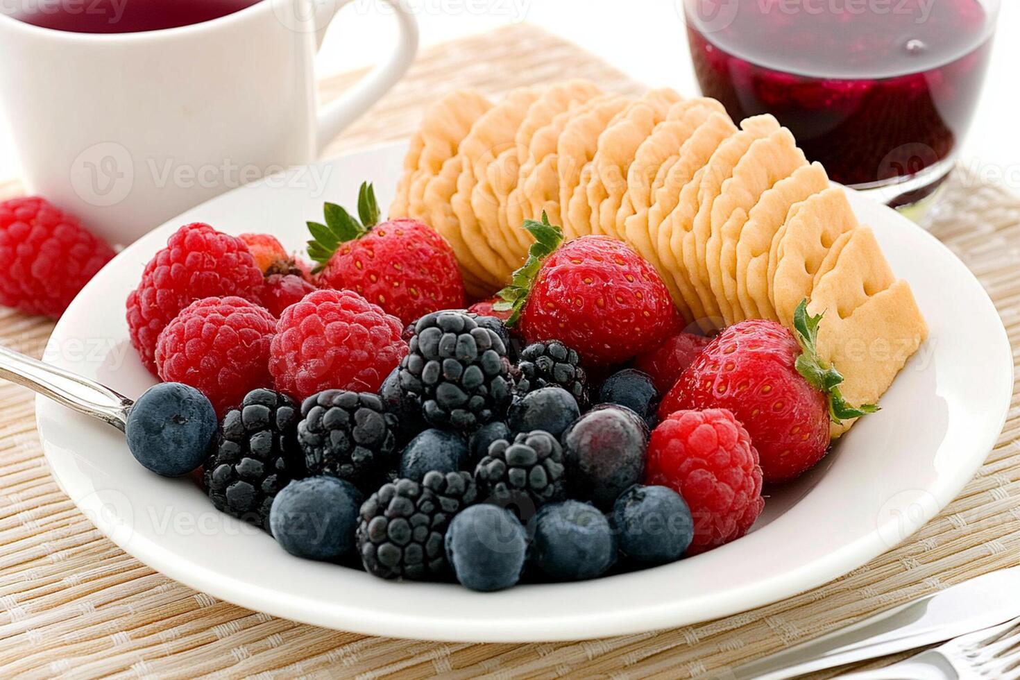 A white plate with berries and a cracker photo