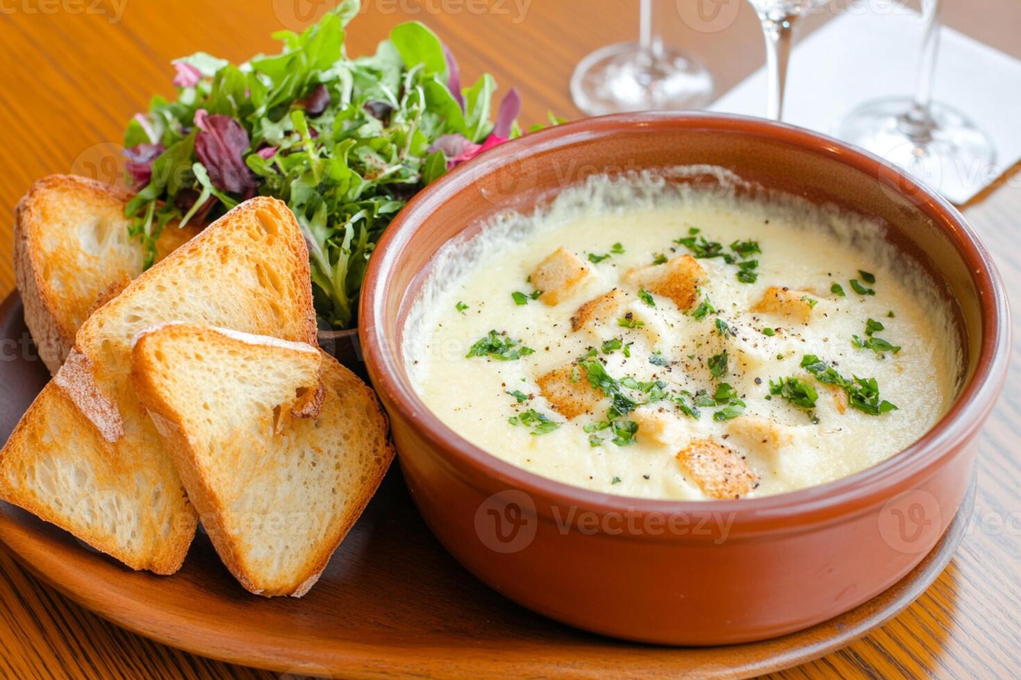 A bowl of soup and bread on a plate photo