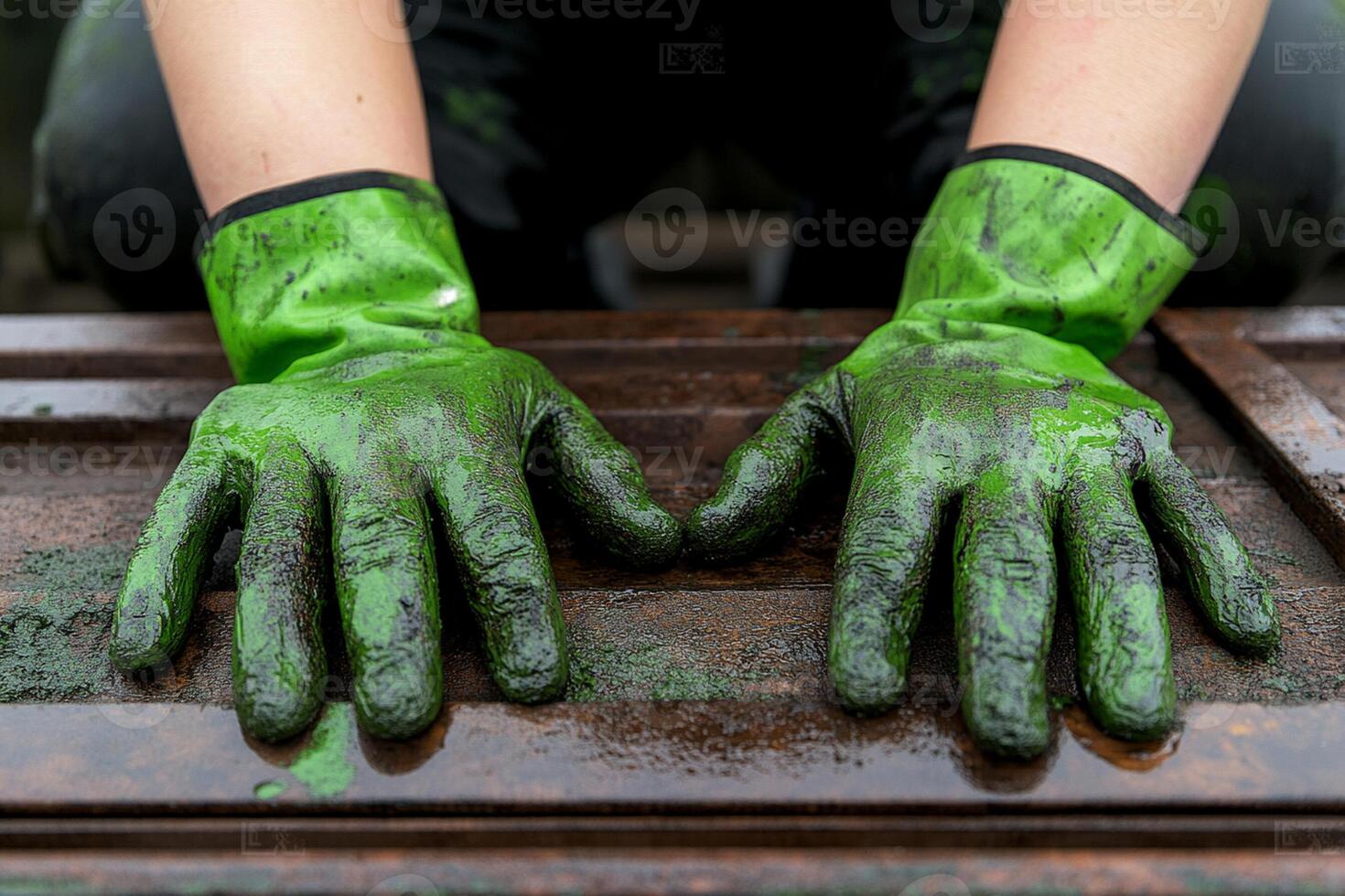 A person wearing green gloves and cleaning a wooden table photo