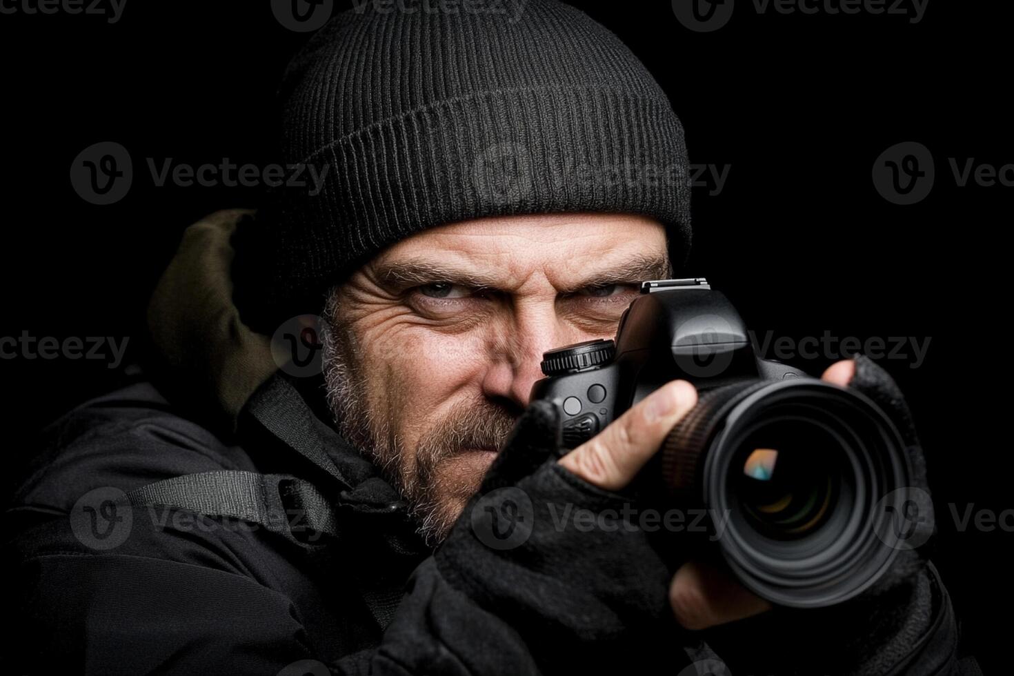 A man in a winter hat and jacket holding a camera photo