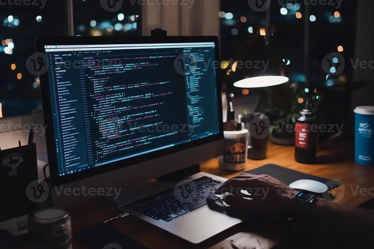 A person is working on a computer with code on it photo