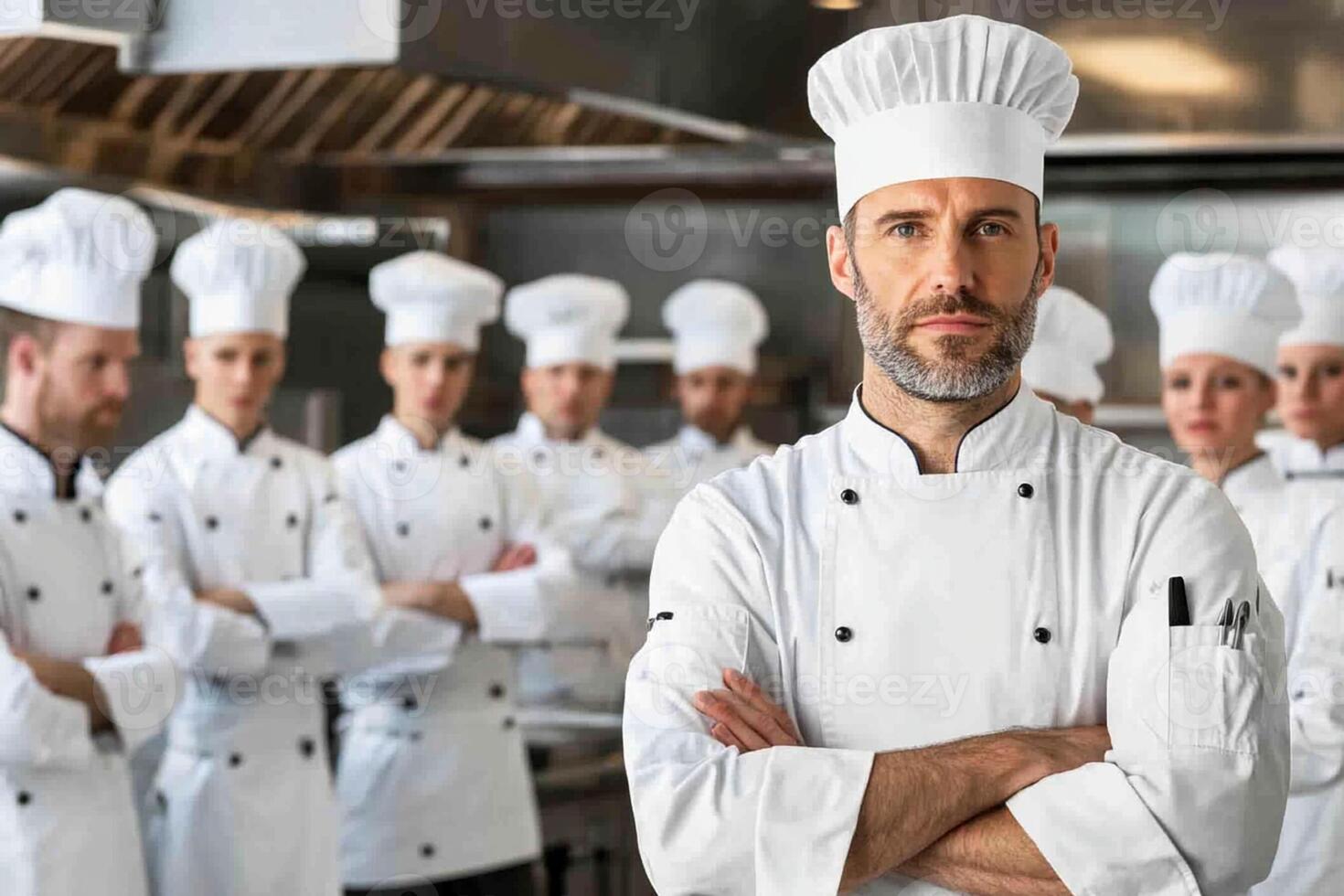 A man in a chef hat standing in front of a group of chefs photo