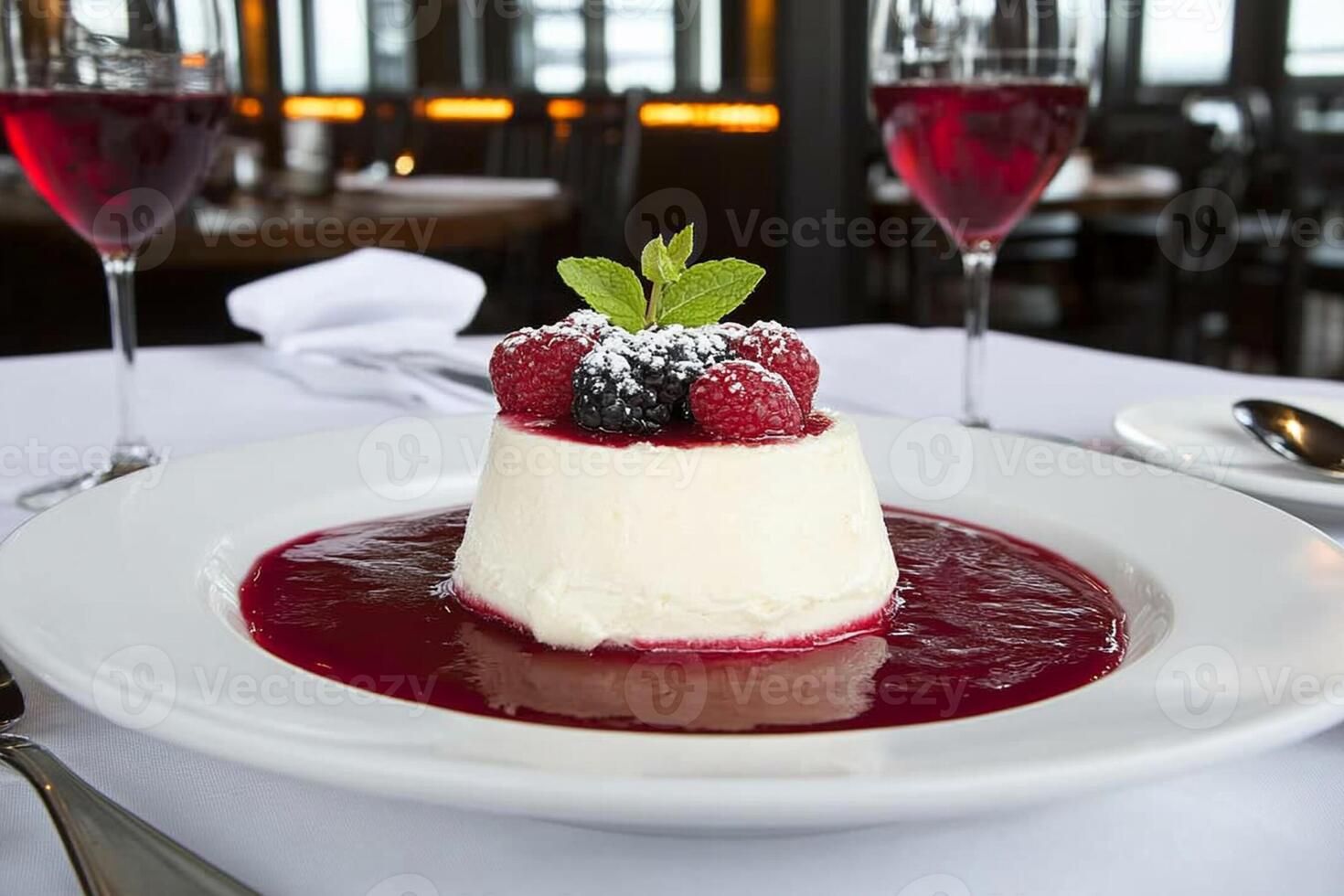 A dessert on a white plate with berries and a glass of wine photo
