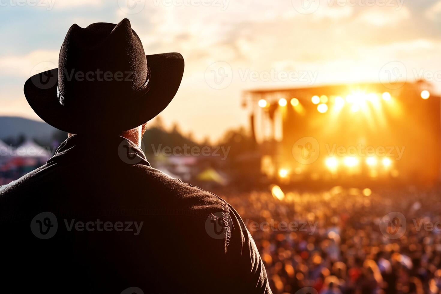 A man in a cowboy hat is looking at a crowd at a concert photo